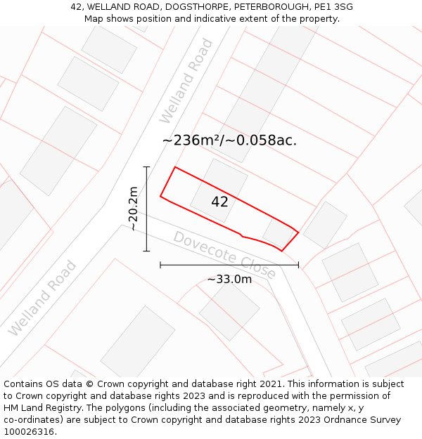 42, WELLAND ROAD, DOGSTHORPE, PETERBOROUGH, PE1 3SG: Plot and title map