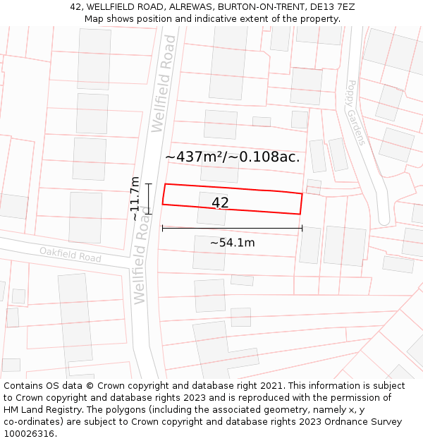 42, WELLFIELD ROAD, ALREWAS, BURTON-ON-TRENT, DE13 7EZ: Plot and title map