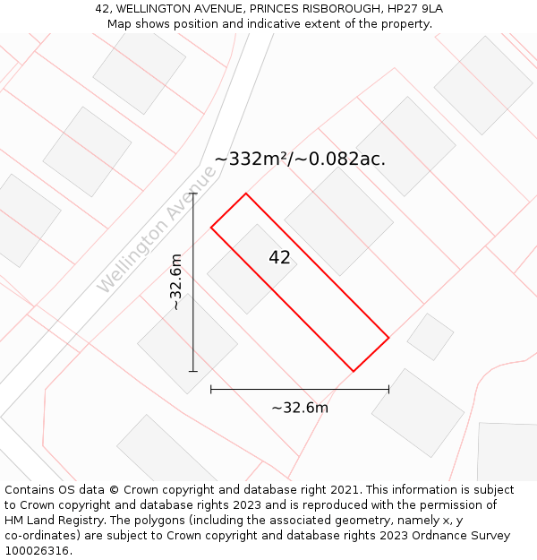 42, WELLINGTON AVENUE, PRINCES RISBOROUGH, HP27 9LA: Plot and title map