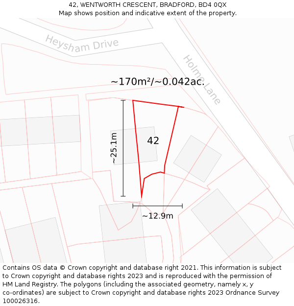 42, WENTWORTH CRESCENT, BRADFORD, BD4 0QX: Plot and title map