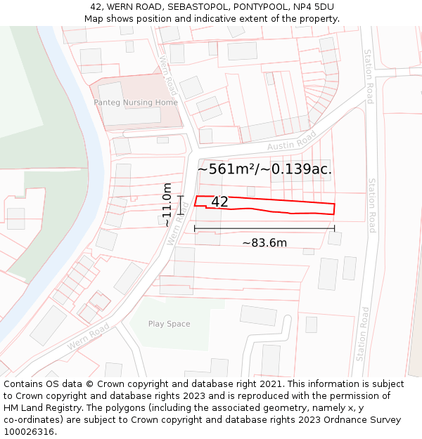 42, WERN ROAD, SEBASTOPOL, PONTYPOOL, NP4 5DU: Plot and title map