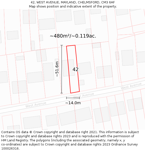 42, WEST AVENUE, MAYLAND, CHELMSFORD, CM3 6AF: Plot and title map