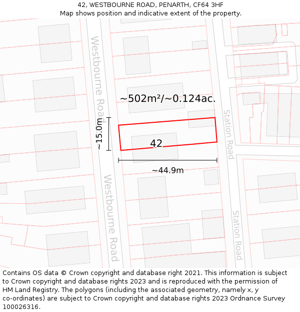 42, WESTBOURNE ROAD, PENARTH, CF64 3HF: Plot and title map