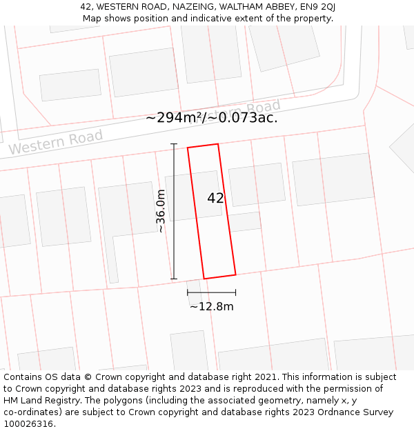 42, WESTERN ROAD, NAZEING, WALTHAM ABBEY, EN9 2QJ: Plot and title map