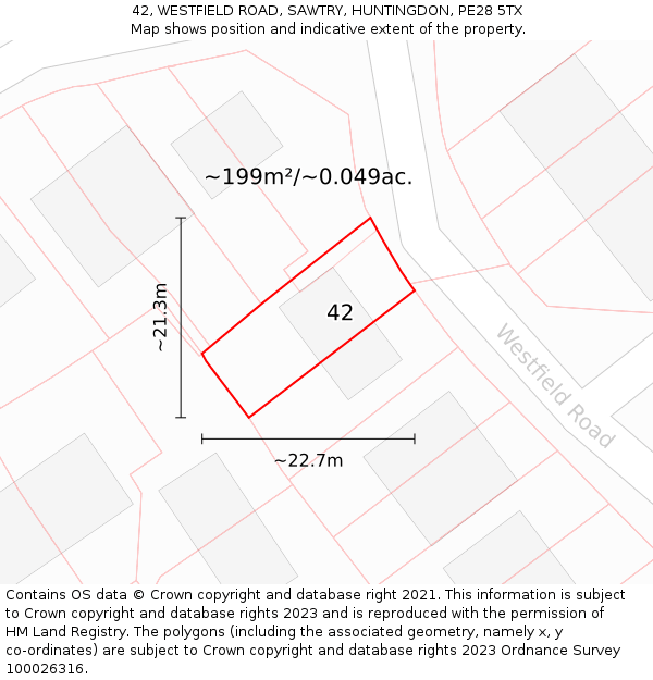 42, WESTFIELD ROAD, SAWTRY, HUNTINGDON, PE28 5TX: Plot and title map