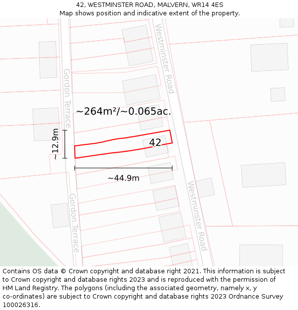 42, WESTMINSTER ROAD, MALVERN, WR14 4ES: Plot and title map