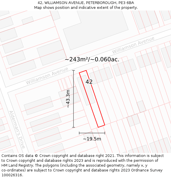 42, WILLIAMSON AVENUE, PETERBOROUGH, PE3 6BA: Plot and title map