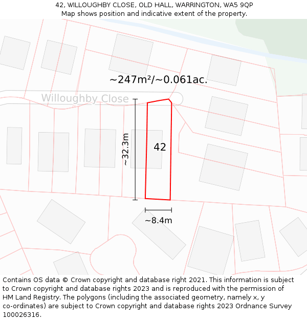 42, WILLOUGHBY CLOSE, OLD HALL, WARRINGTON, WA5 9QP: Plot and title map