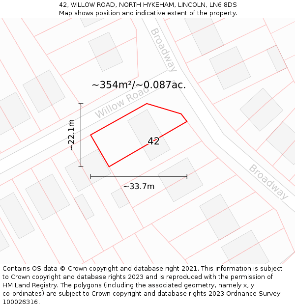 42, WILLOW ROAD, NORTH HYKEHAM, LINCOLN, LN6 8DS: Plot and title map