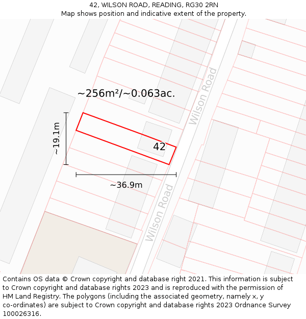 42, WILSON ROAD, READING, RG30 2RN: Plot and title map