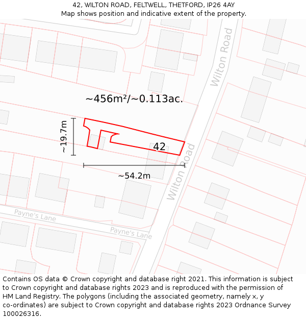 42, WILTON ROAD, FELTWELL, THETFORD, IP26 4AY: Plot and title map