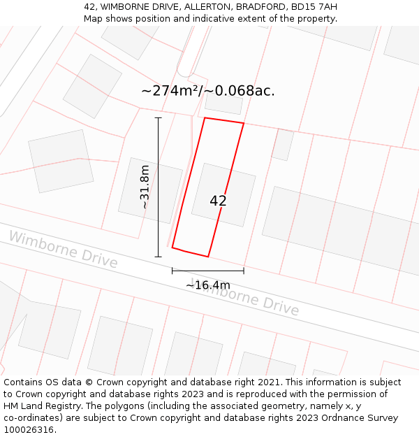 42, WIMBORNE DRIVE, ALLERTON, BRADFORD, BD15 7AH: Plot and title map