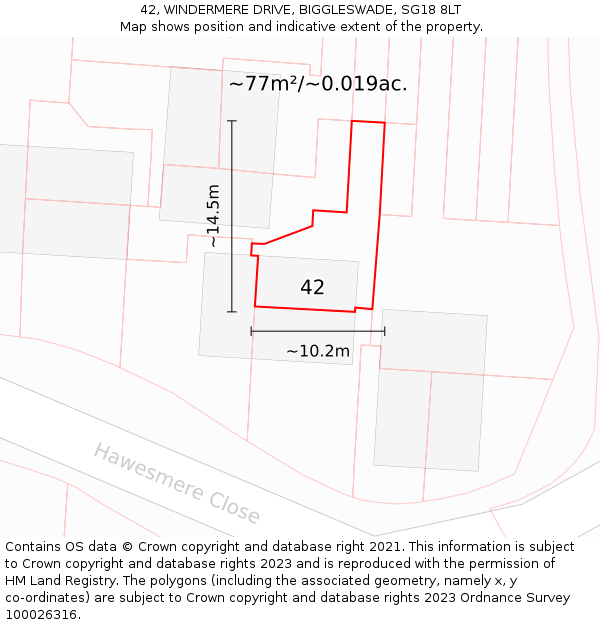 42, WINDERMERE DRIVE, BIGGLESWADE, SG18 8LT: Plot and title map