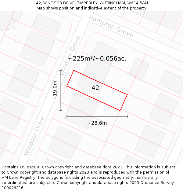 42, WINDSOR DRIVE, TIMPERLEY, ALTRINCHAM, WA14 5AN: Plot and title map