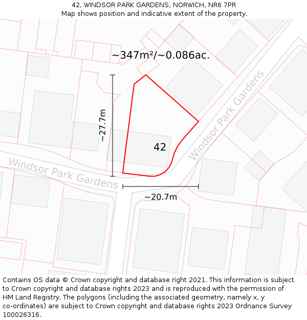 42, WINDSOR PARK GARDENS, NORWICH, NR6 7PR: Plot and title map