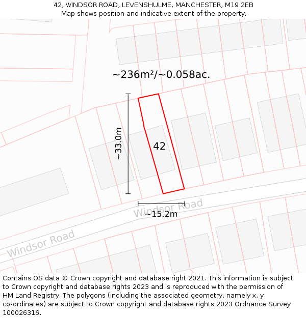 42, WINDSOR ROAD, LEVENSHULME, MANCHESTER, M19 2EB: Plot and title map