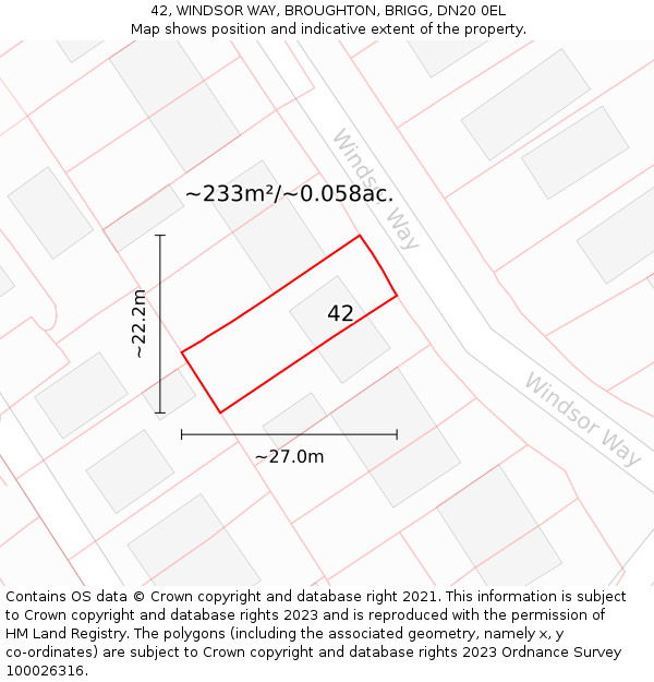 42, WINDSOR WAY, BROUGHTON, BRIGG, DN20 0EL: Plot and title map