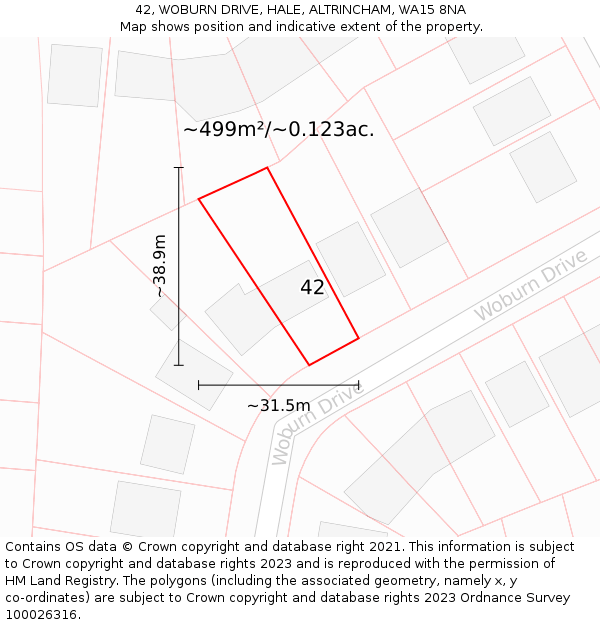 42, WOBURN DRIVE, HALE, ALTRINCHAM, WA15 8NA: Plot and title map