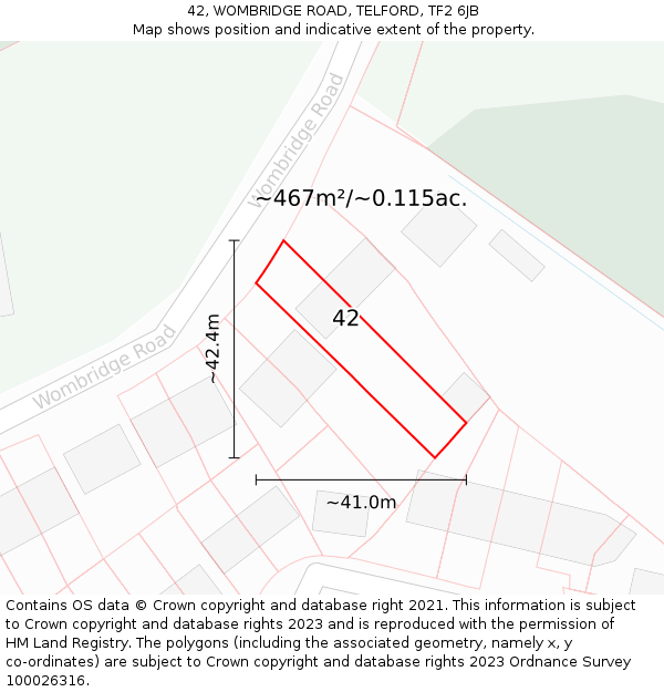 42, WOMBRIDGE ROAD, TELFORD, TF2 6JB: Plot and title map