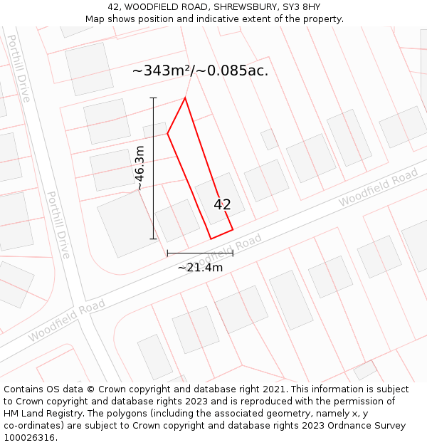 42, WOODFIELD ROAD, SHREWSBURY, SY3 8HY: Plot and title map