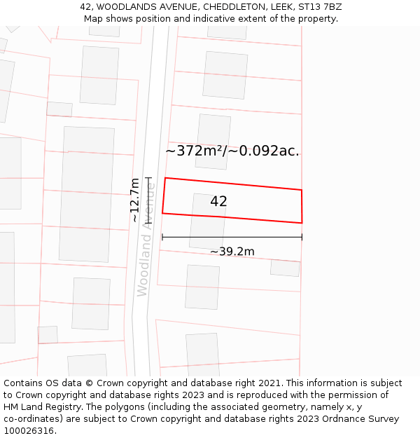 42, WOODLANDS AVENUE, CHEDDLETON, LEEK, ST13 7BZ: Plot and title map