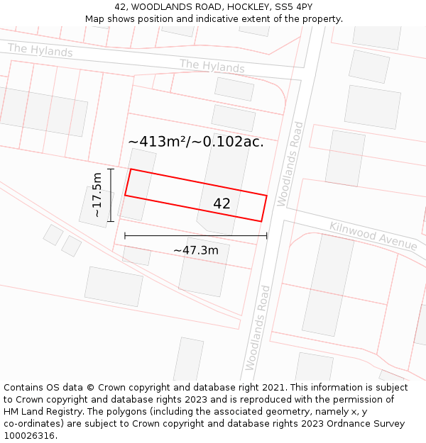 42, WOODLANDS ROAD, HOCKLEY, SS5 4PY: Plot and title map