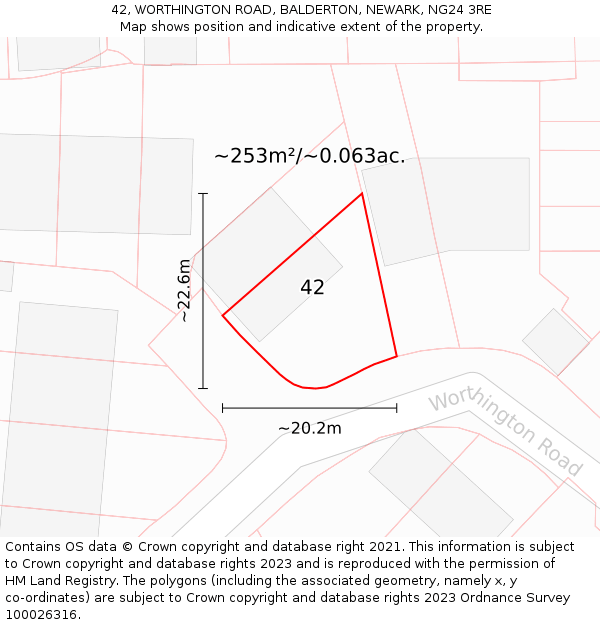 42, WORTHINGTON ROAD, BALDERTON, NEWARK, NG24 3RE: Plot and title map