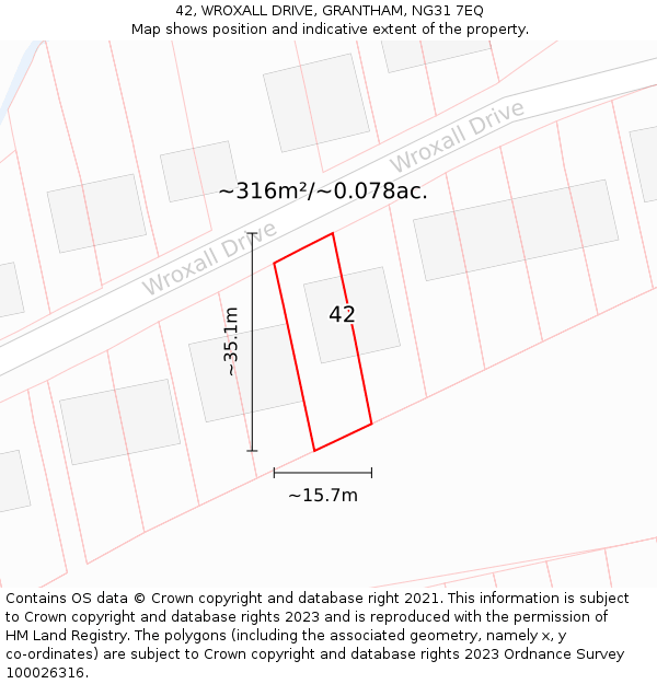 42, WROXALL DRIVE, GRANTHAM, NG31 7EQ: Plot and title map