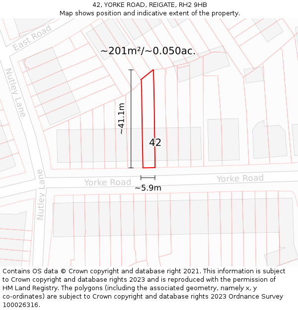 42, YORKE ROAD, REIGATE, RH2 9HB: Plot and title map