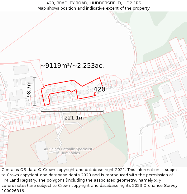 420, BRADLEY ROAD, HUDDERSFIELD, HD2 1PS: Plot and title map