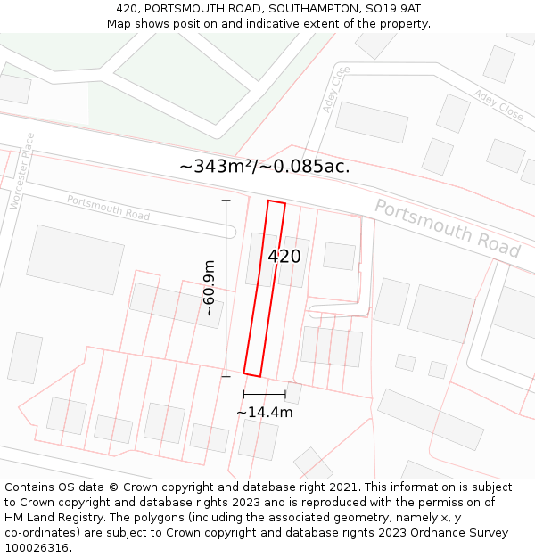 420, PORTSMOUTH ROAD, SOUTHAMPTON, SO19 9AT: Plot and title map