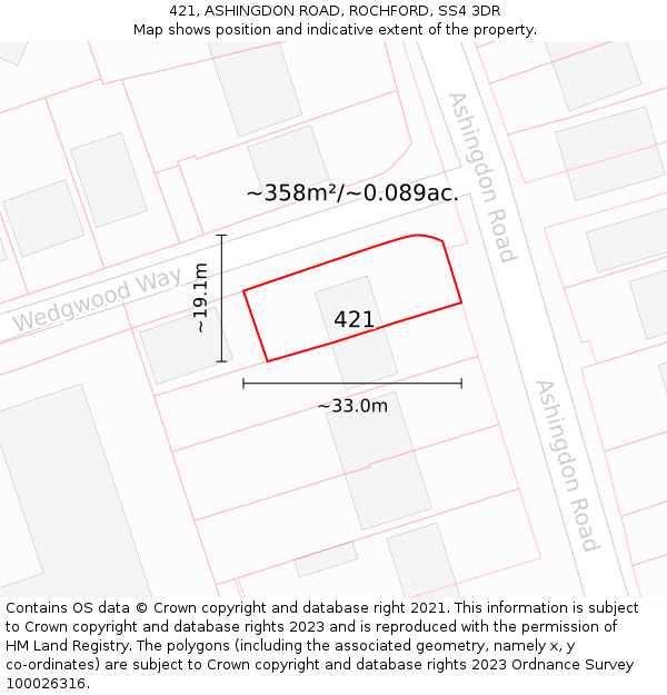 421, ASHINGDON ROAD, ROCHFORD, SS4 3DR: Plot and title map