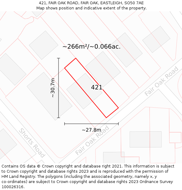 421, FAIR OAK ROAD, FAIR OAK, EASTLEIGH, SO50 7AE: Plot and title map