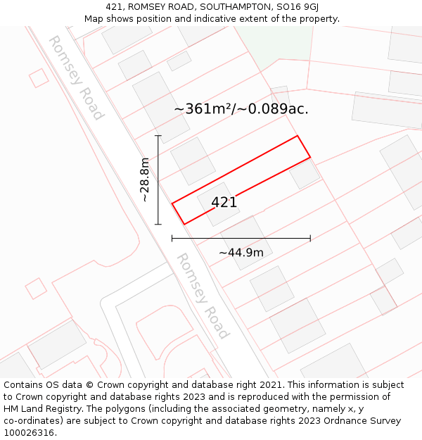 421, ROMSEY ROAD, SOUTHAMPTON, SO16 9GJ: Plot and title map