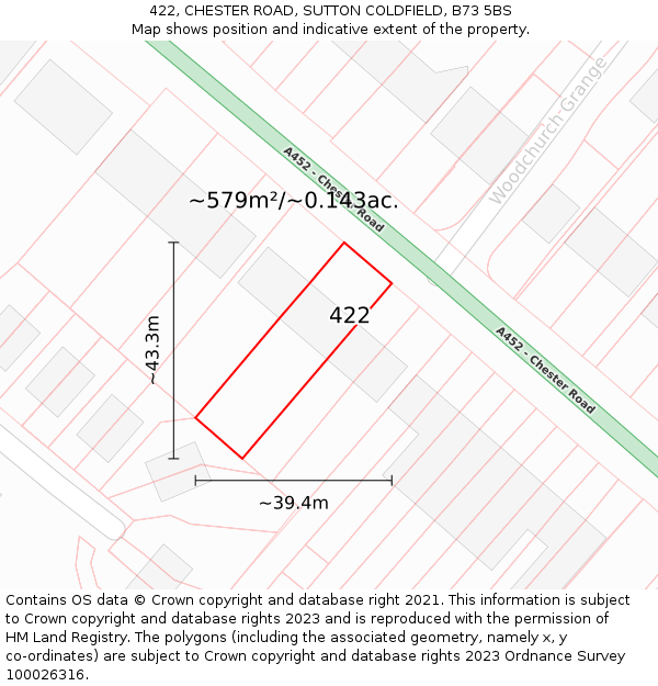 422, CHESTER ROAD, SUTTON COLDFIELD, B73 5BS: Plot and title map