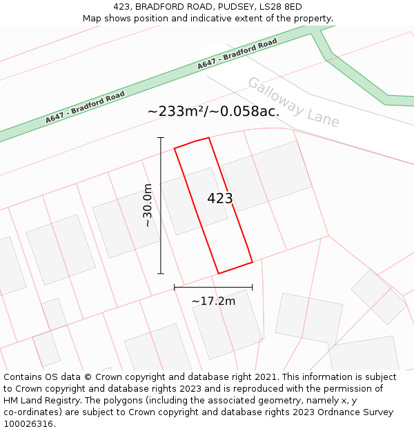 423, BRADFORD ROAD, PUDSEY, LS28 8ED: Plot and title map