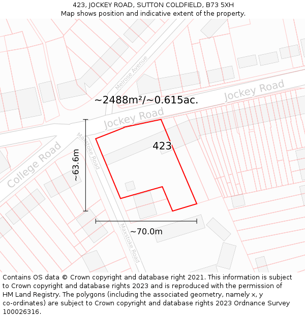 423, JOCKEY ROAD, SUTTON COLDFIELD, B73 5XH: Plot and title map