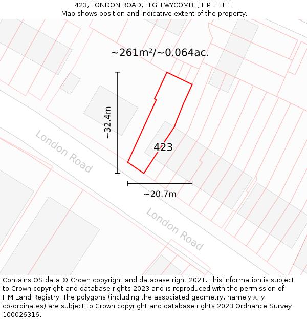 423, LONDON ROAD, HIGH WYCOMBE, HP11 1EL: Plot and title map