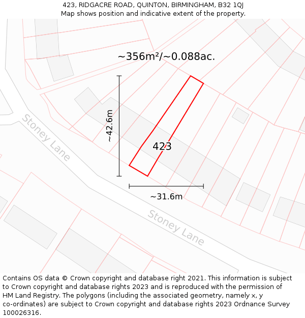 423, RIDGACRE ROAD, QUINTON, BIRMINGHAM, B32 1QJ: Plot and title map