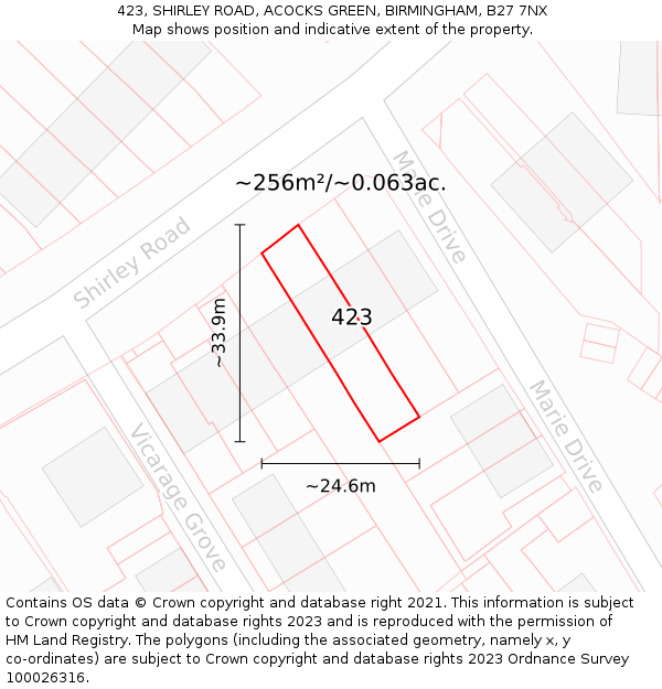 423, SHIRLEY ROAD, ACOCKS GREEN, BIRMINGHAM, B27 7NX: Plot and title map