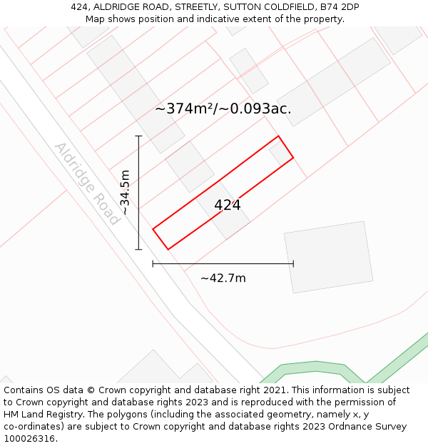 424, ALDRIDGE ROAD, STREETLY, SUTTON COLDFIELD, B74 2DP: Plot and title map