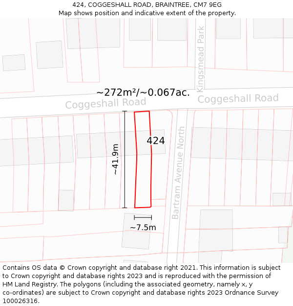 424, COGGESHALL ROAD, BRAINTREE, CM7 9EG: Plot and title map