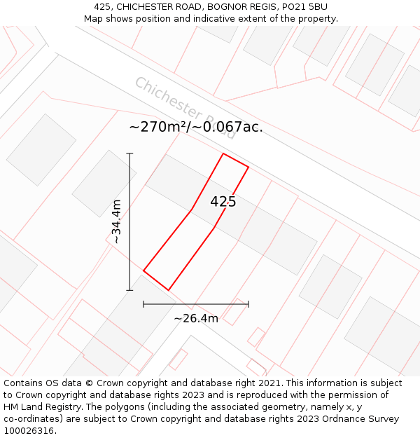 425, CHICHESTER ROAD, BOGNOR REGIS, PO21 5BU: Plot and title map