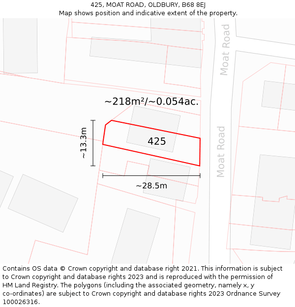 425, MOAT ROAD, OLDBURY, B68 8EJ: Plot and title map