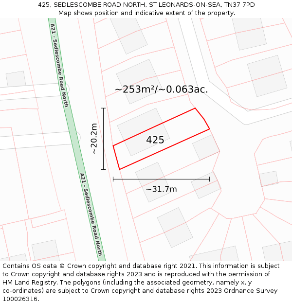 425, SEDLESCOMBE ROAD NORTH, ST LEONARDS-ON-SEA, TN37 7PD: Plot and title map