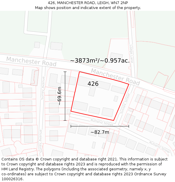 426, MANCHESTER ROAD, LEIGH, WN7 2NP: Plot and title map