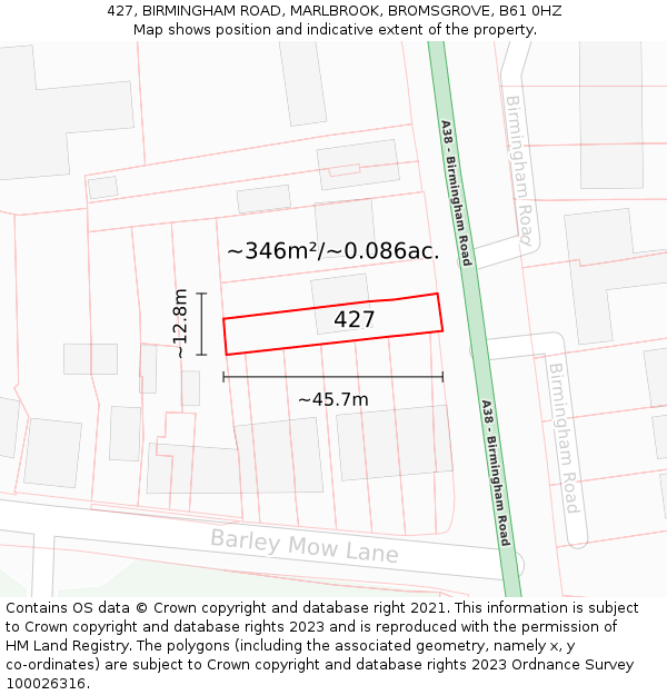 427, BIRMINGHAM ROAD, MARLBROOK, BROMSGROVE, B61 0HZ: Plot and title map