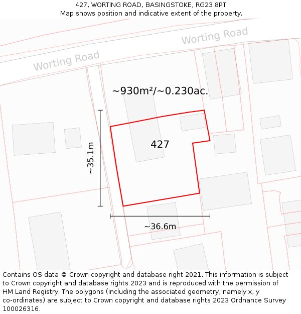 427, WORTING ROAD, BASINGSTOKE, RG23 8PT: Plot and title map