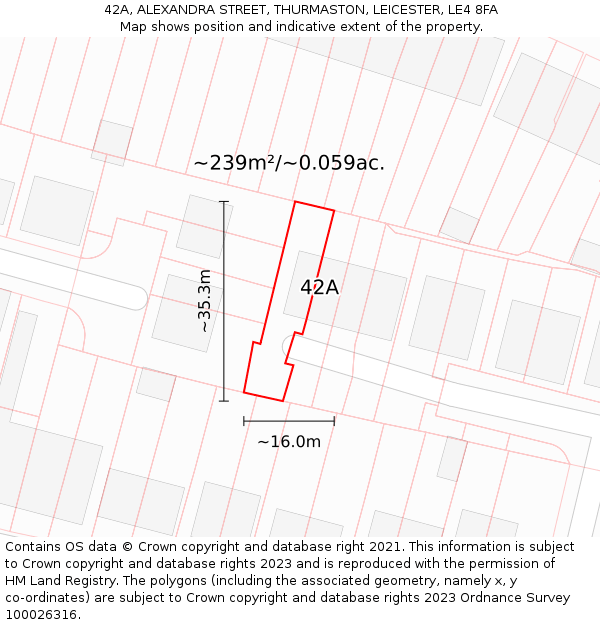 42A, ALEXANDRA STREET, THURMASTON, LEICESTER, LE4 8FA: Plot and title map