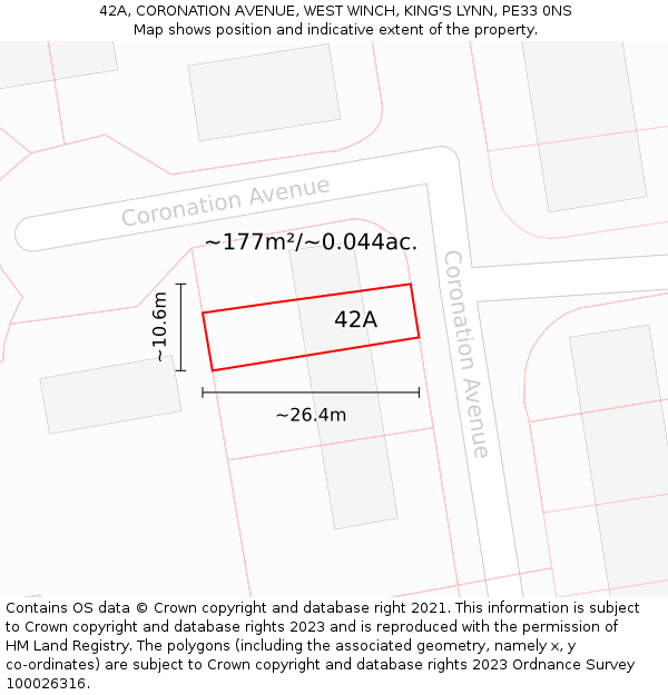 42A, CORONATION AVENUE, WEST WINCH, KING'S LYNN, PE33 0NS: Plot and title map